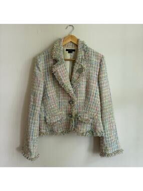 Y2K Vintage Pastel Silk Blend Tweed Jacket Silk Lined Gemstone Broach Size 10